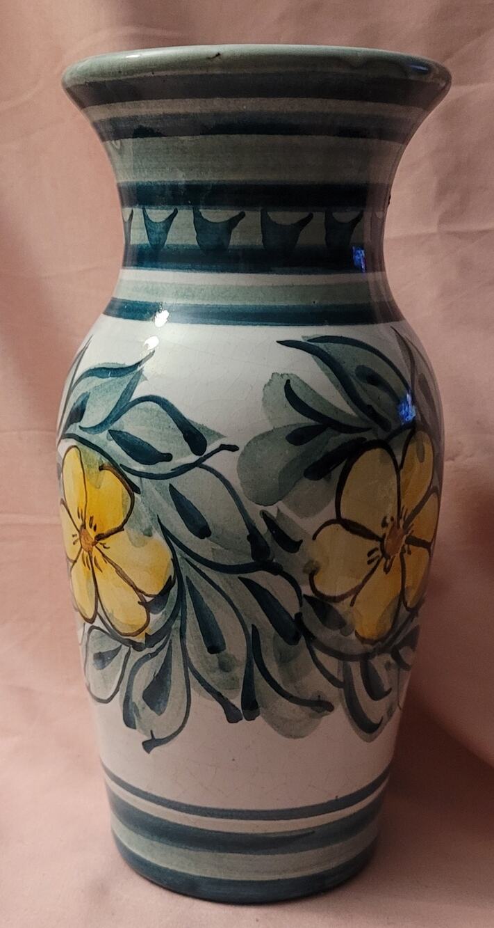 White Hand painted terracotta vase with yellow daisies flowers Portugal